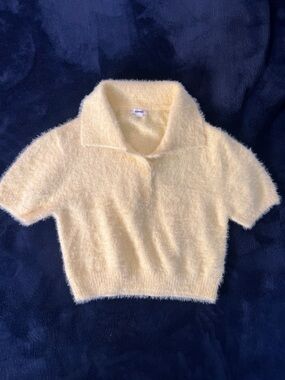 Garage Pale Yellow Fuzzy Polo Crop Sweater
